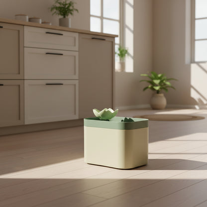 Green and beige pet water fountain with lotus design on the floor of a beautiful kitchen