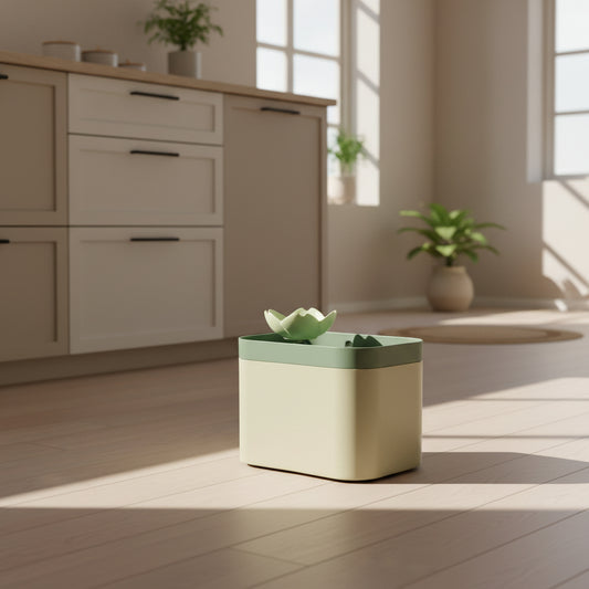 Green and beige pet water fountain with lotus design on the floor of a beautiful kitchen