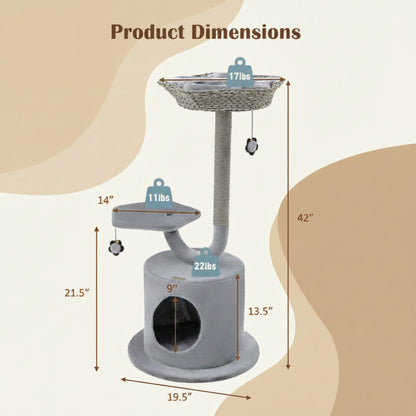Dimensions of a cat tree with labeled weight capacities on a beige and tan background