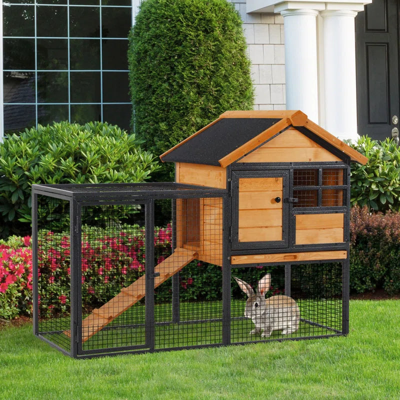 Wood-Metal Pet House Elevated Rabbit Hutch Bunny Cage Small Animal Habitat with Slide-Out Tray Lockable Door Water-Resistant Asphalt Roof for Outdoor 48