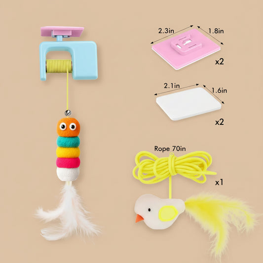 Measurement chart of a bird toy with colorful components and dimensions.