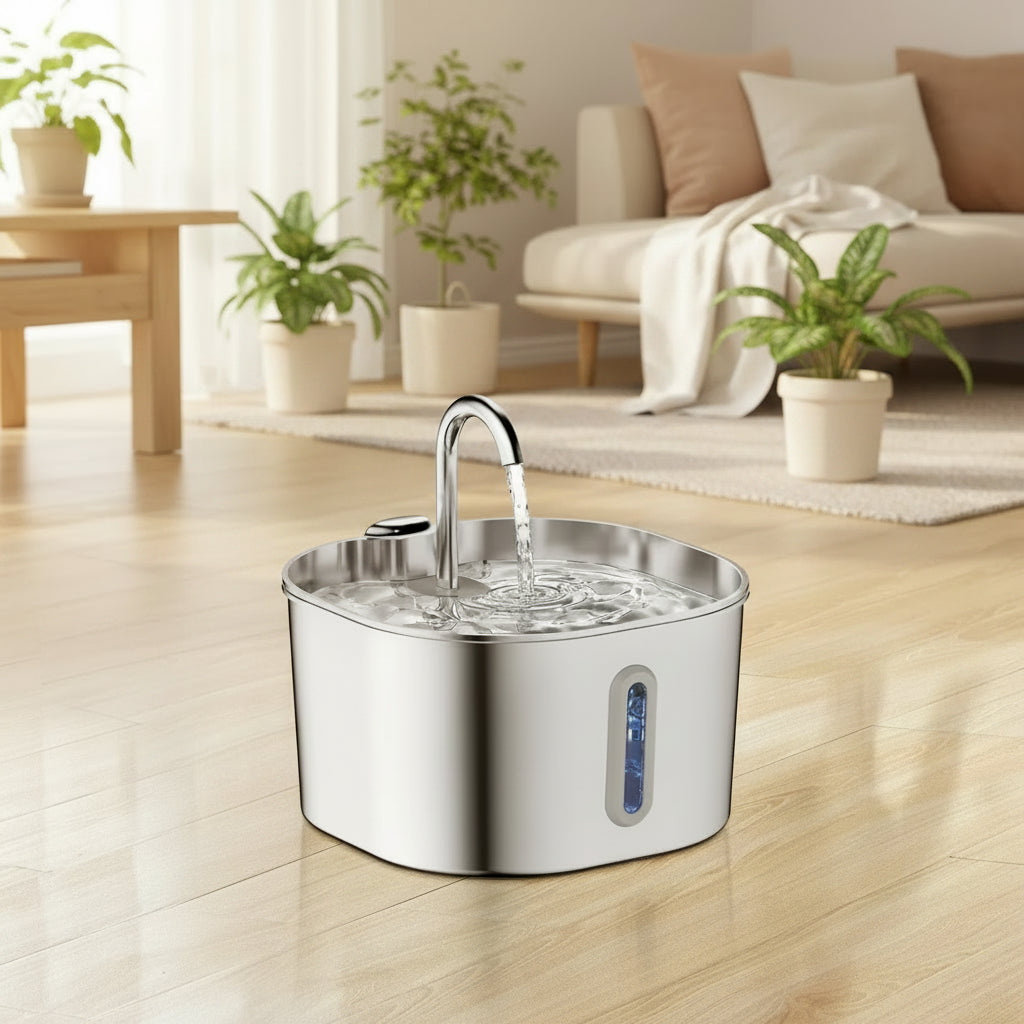 Pet water fountain on a wooden floor.