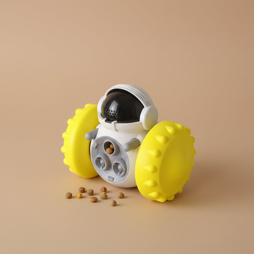 Pet toy with yellow wheels and a camera, surrounded by small animals.