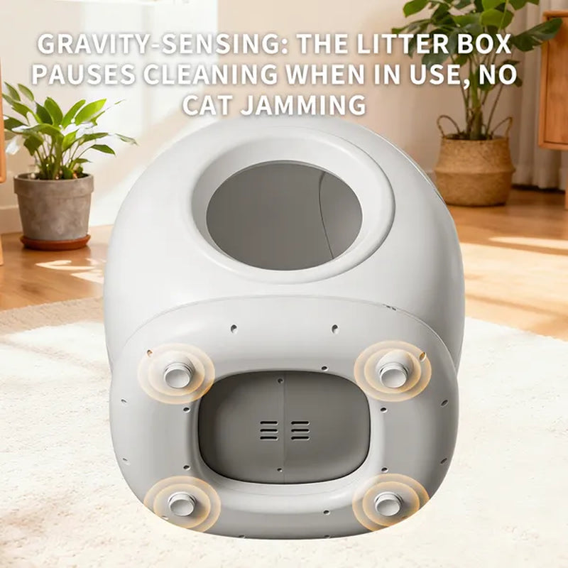 Modern litter box with gravity-sensing feature in a home setting