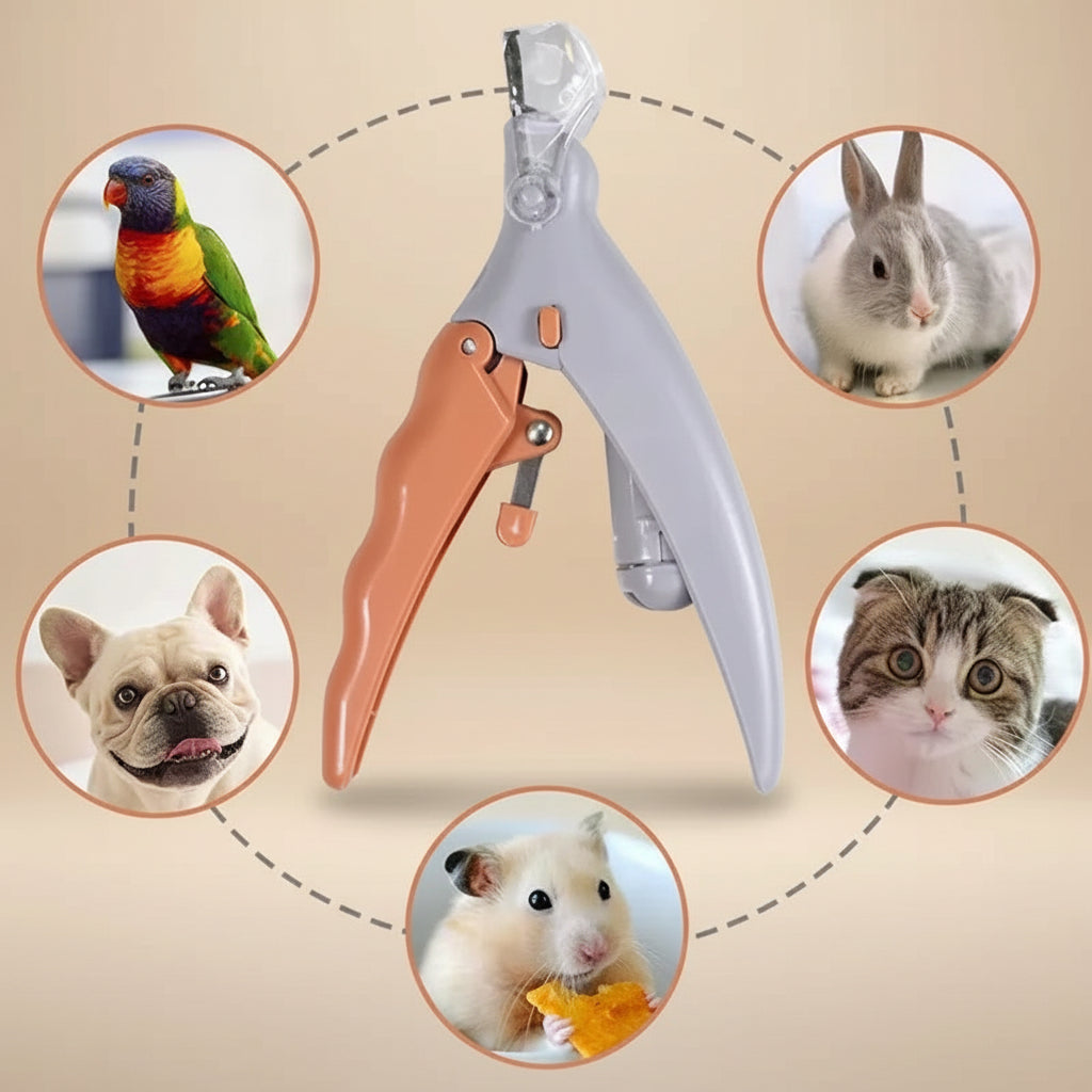 Pet nail clipper with images of various pets around it on a beige background