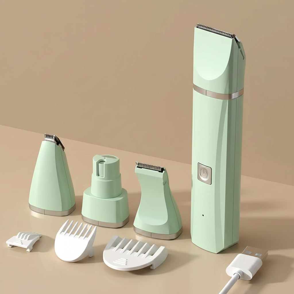 Set of green grooming tools with attachments on a beige background