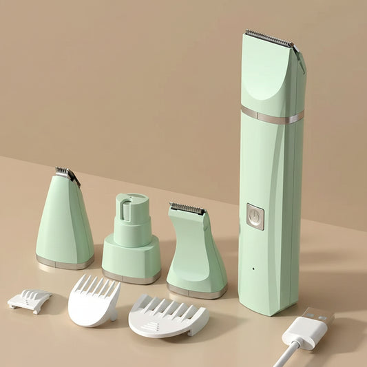 Set of green grooming tools with attachments on a beige background