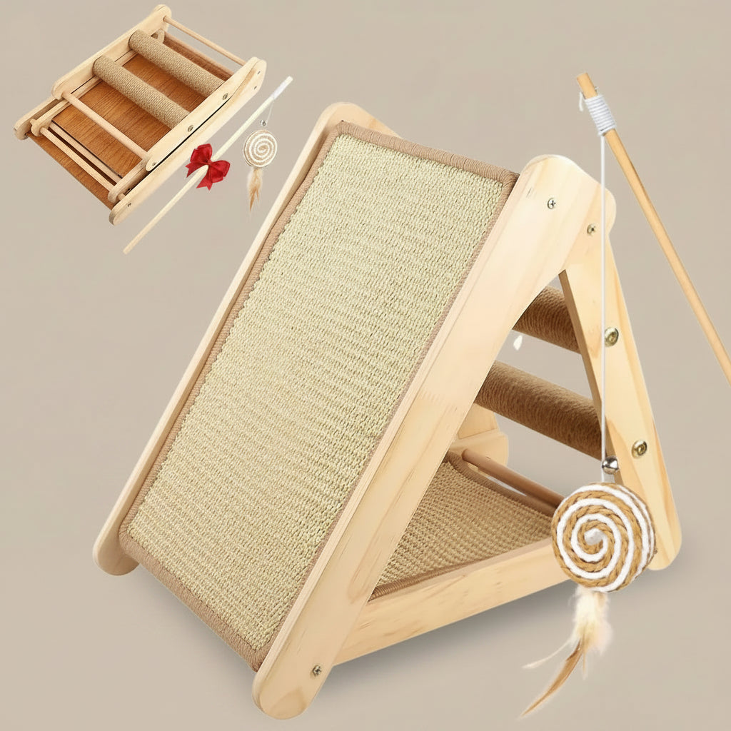 Wooden cat scratcher with various toys  against a beige background.