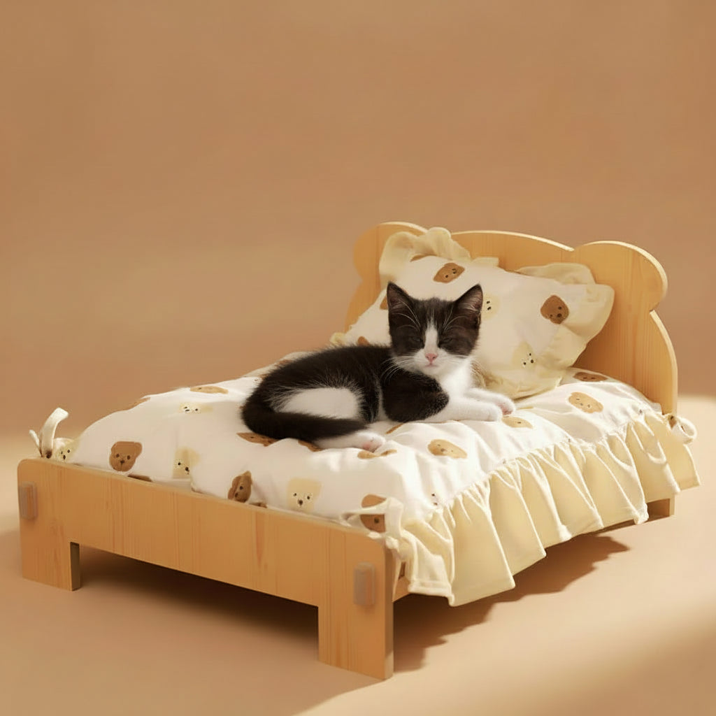 Cat Bed Wooden Cat and Dog Bed with Teddy Bear Pattern Indoor Pet Furniture Floor to Ceiling Bed(20*11Inch)Comfortable Durable