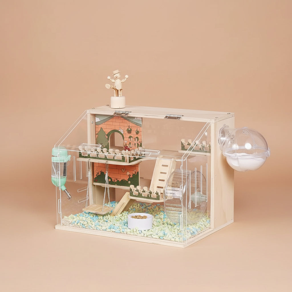 Wooden pet playpen with transparent sides on a wooden surface