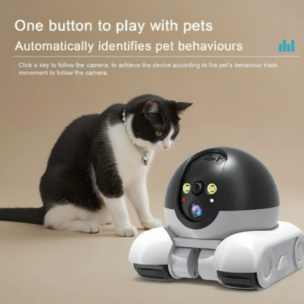 Cat interacting with a robot pet toy on a floor.