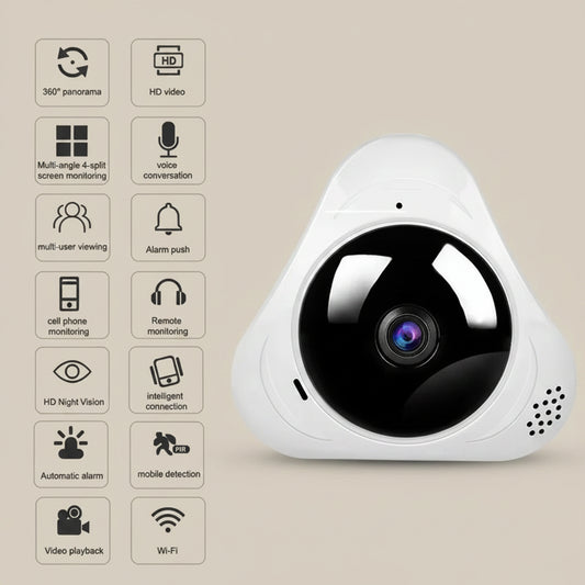 White security camera with features listed on a beige background