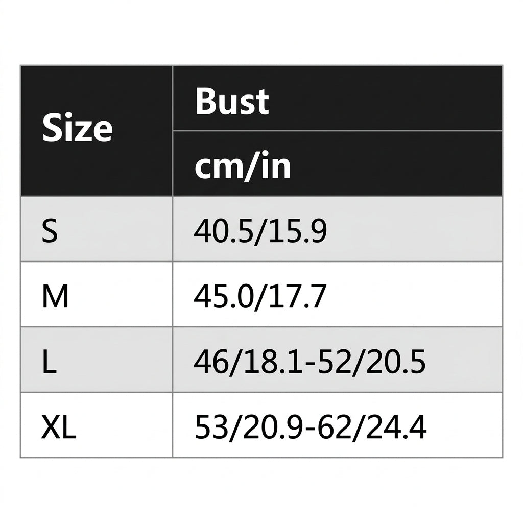 A size chart table showing sizes S, M, L, and XL with corresponding bust measurements in cm/in.