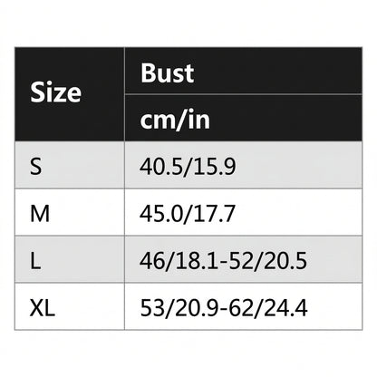A size chart table showing sizes S, M, L, and XL with corresponding bust measurements in cm/in.