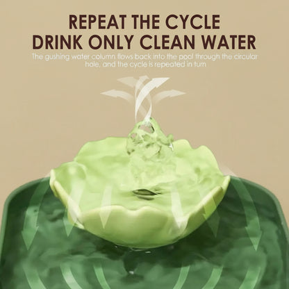 Green water fountain with text on a beige background