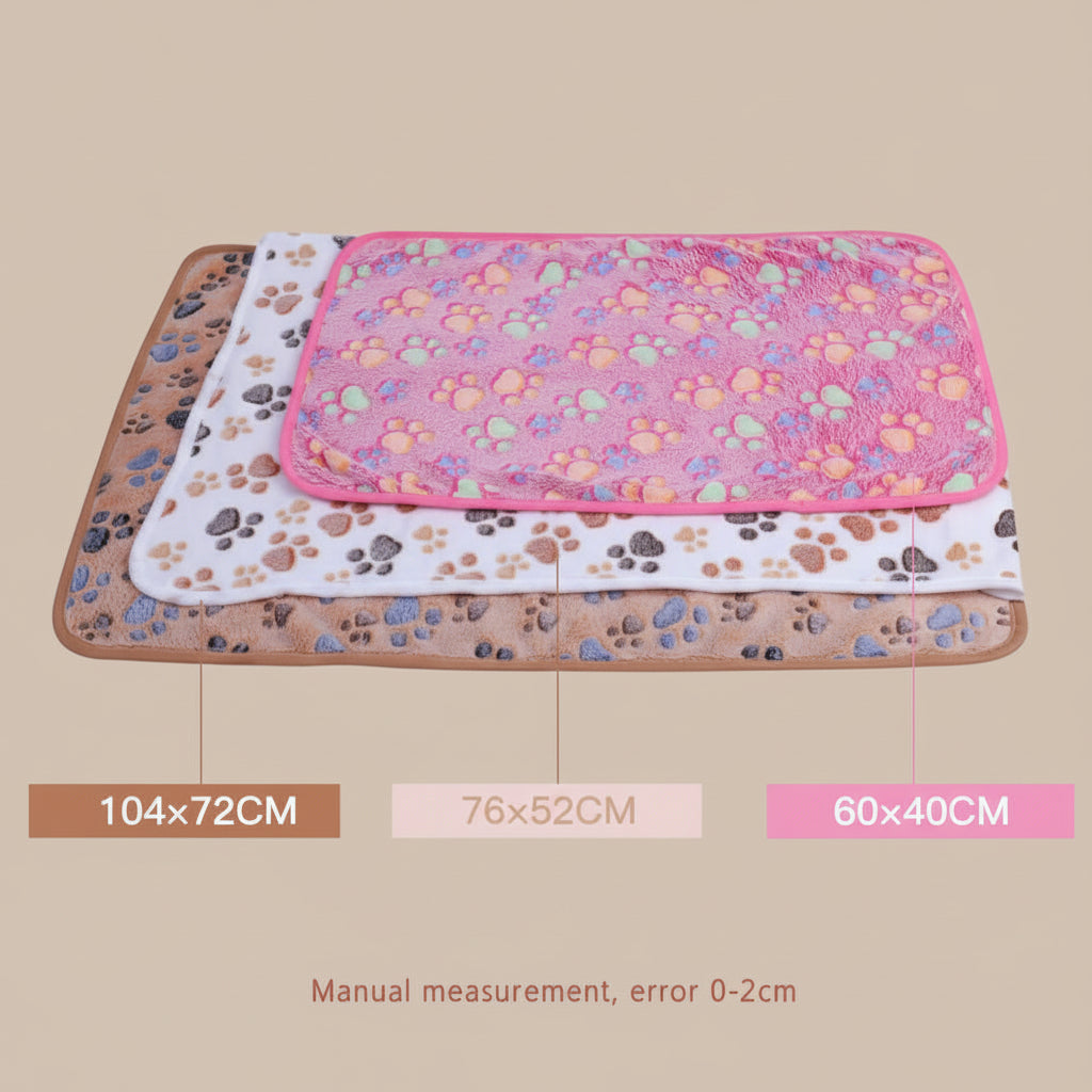 Two pet mats with paw print designs and measurements on a white background