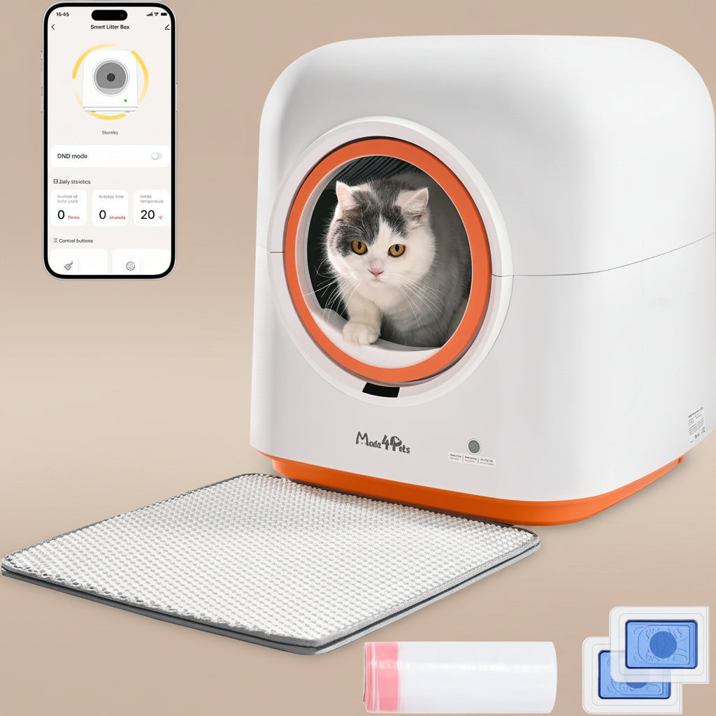 Smart pet litter box with a cat inside, smartphone app on the left and accessories on the right.