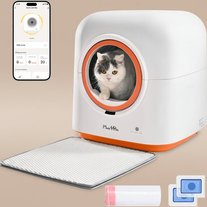 Smart pet litter box with a cat inside, smartphone app on the left and accessories on the right.