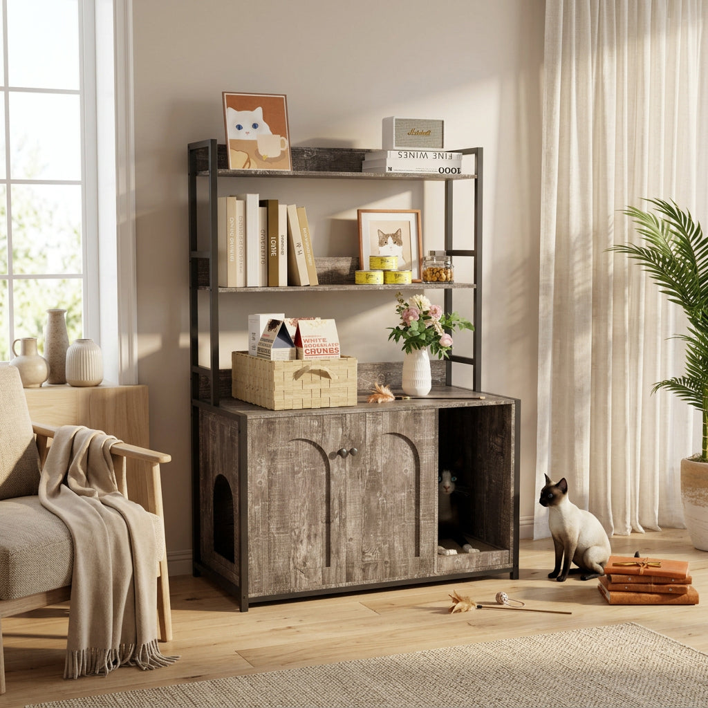 Furniture piece with pet hideout, books, and decor in a room setting.