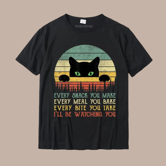 Black t-shirt with a cat graphic and text on a white background