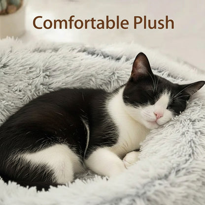 Cat sleeping on a fluffy white blanket with 'Comfortable Plush' text above.