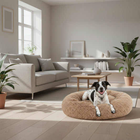 Dog lying on a fluffy beige pet bed in a living room setting