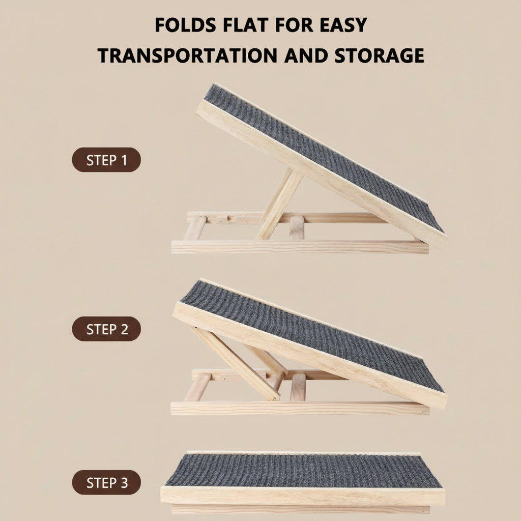Wooden pet ramp with steps, showing how it folds flat for easy transportation and storage.