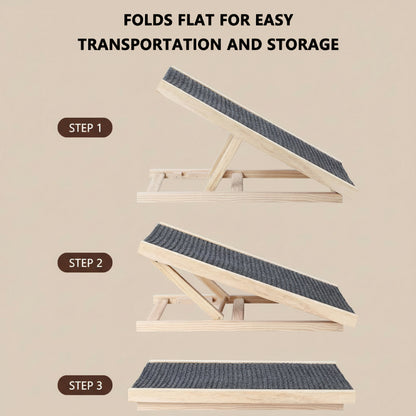 Wooden pet ramp with steps, showing how it folds flat for easy transportation and storage.
