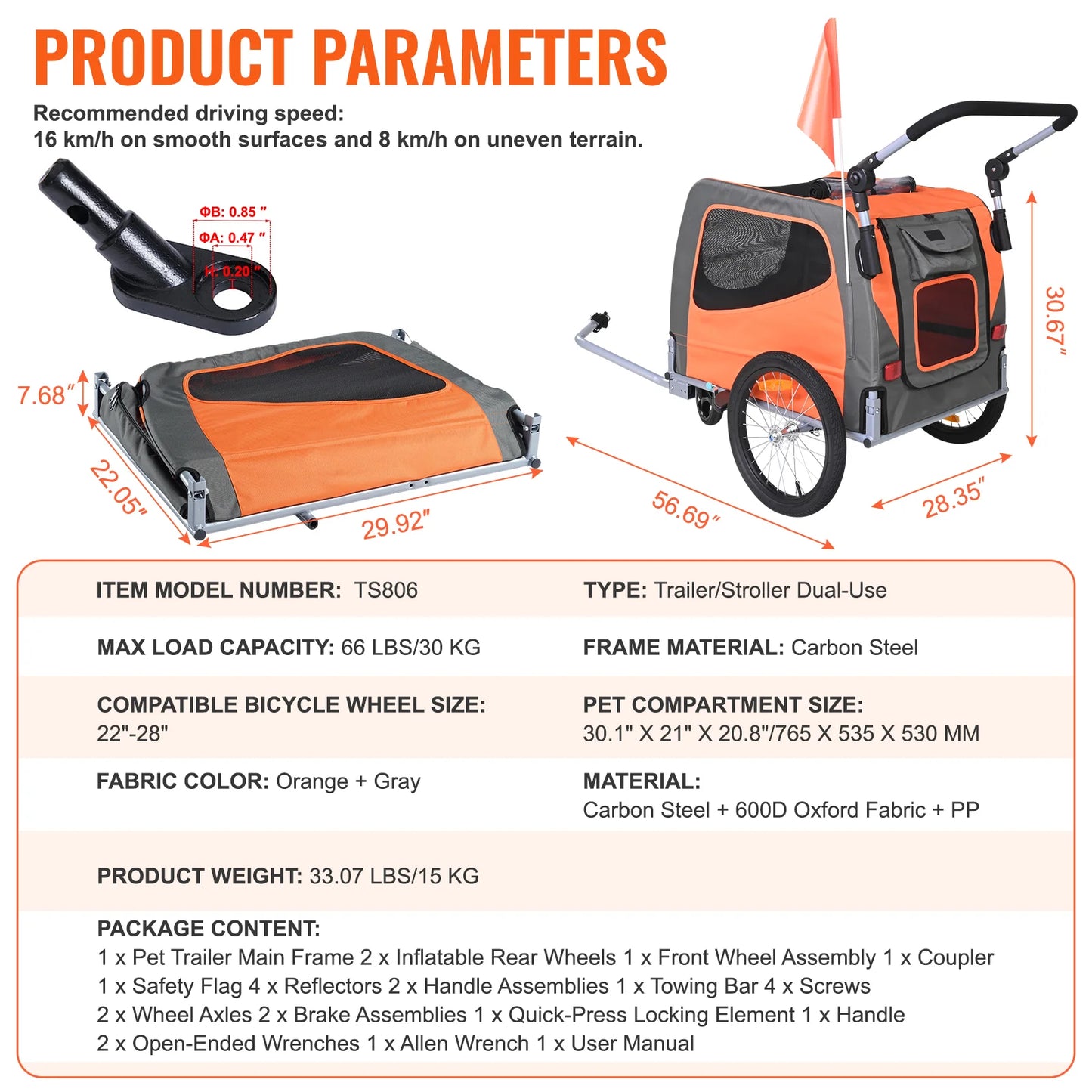 Dog Bike Trailer, Supports up to 66 Lbs, 2-In-1 Pet Stroller Cart Bicycle Carrier, Easy Folding Cart Frame with Quick Release Wheels, Universal Bicycle Coupler, Reflectors, Flag, Orange/Gray