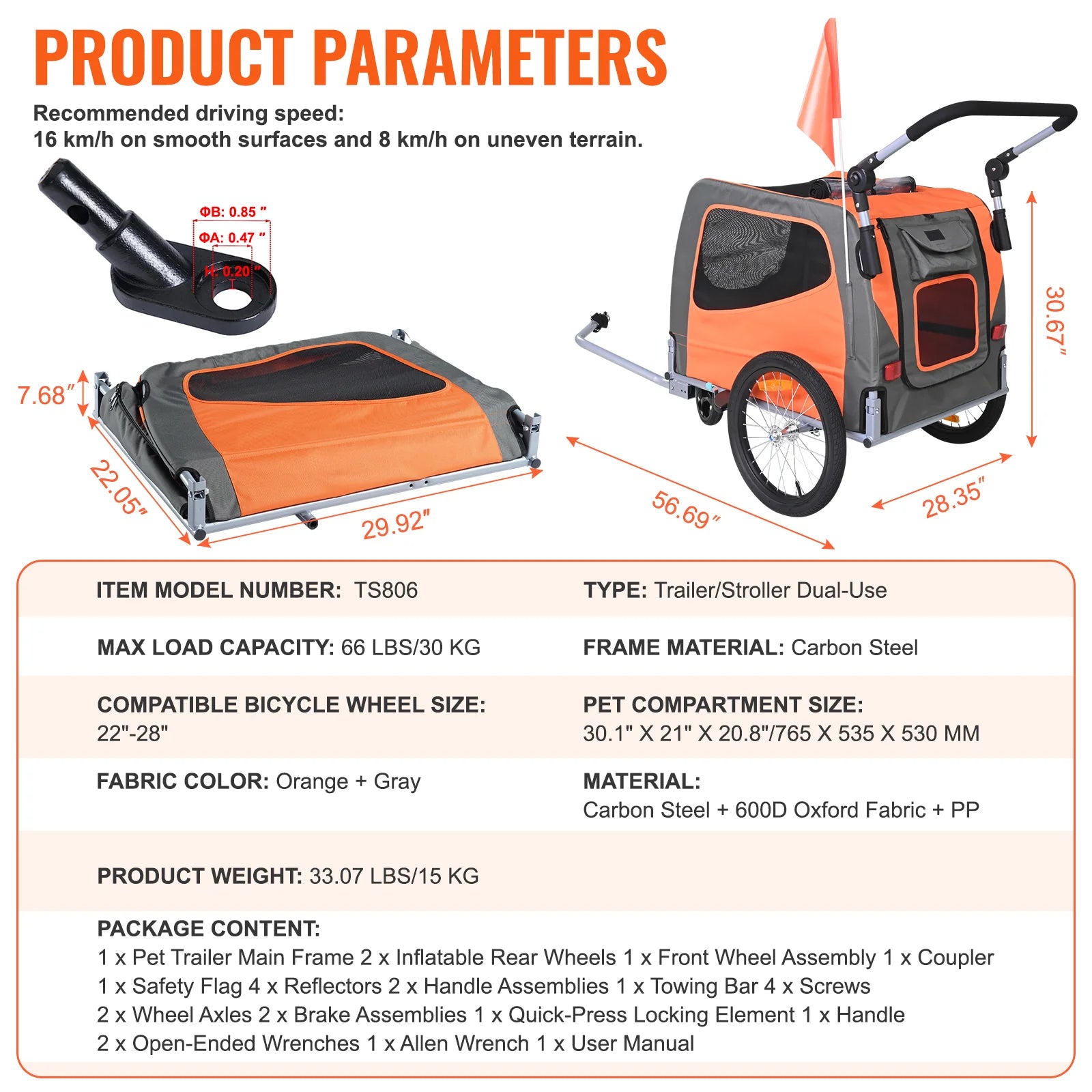 Dog Bike Trailer, Supports up to 66 Lbs, 2-In-1 Pet Stroller Cart Bicycle Carrier, Easy Folding Cart Frame with Quick Release Wheels, Universal Bicycle Coupler, Reflectors, Flag, Orange/Gray