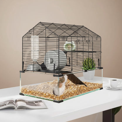 Pet cage with a small animal inside on a table
