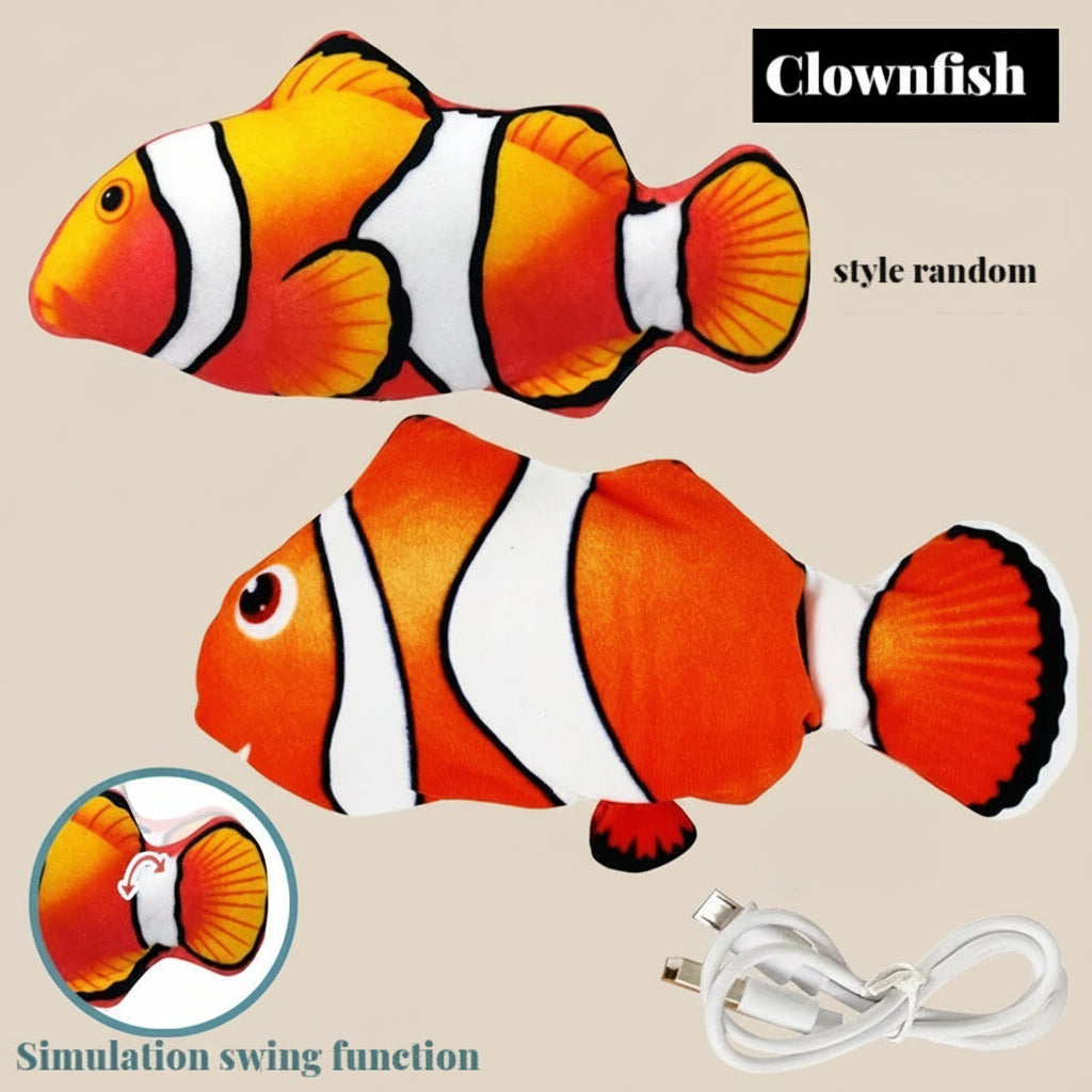 Two clownfish-shaped toys with "random style" and an image of USB cable on a beige background