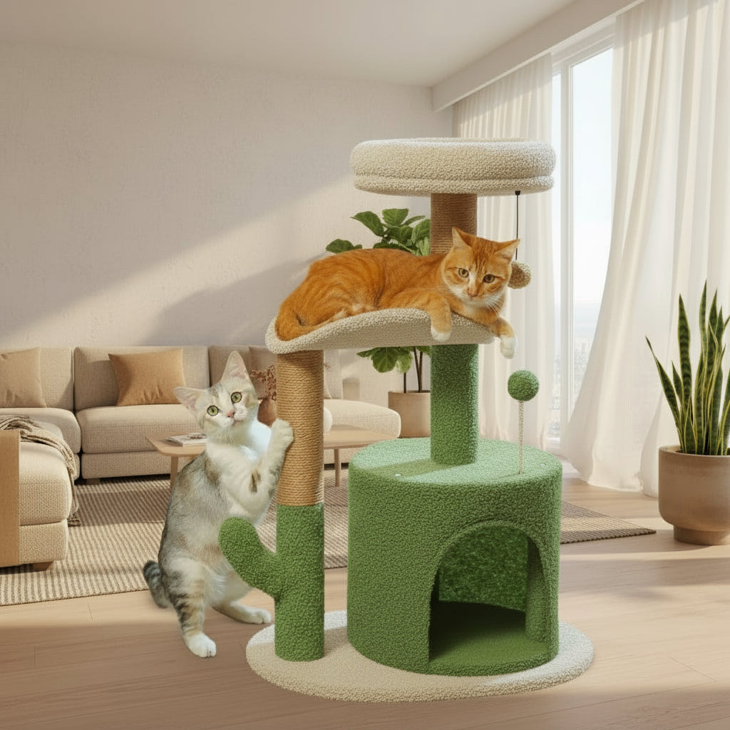 Cactus Cat Tree with Curved Perch Cozy Cat Condo Small Cat Tower with Removable Top Bed Cat Scratching Post for Indoor Cat Toys