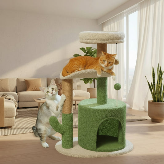 Cactus Cat Tree with Curved Perch Cozy Cat Condo Small Cat Tower with Removable Top Bed Cat Scratching Post for Indoor Cat Toys