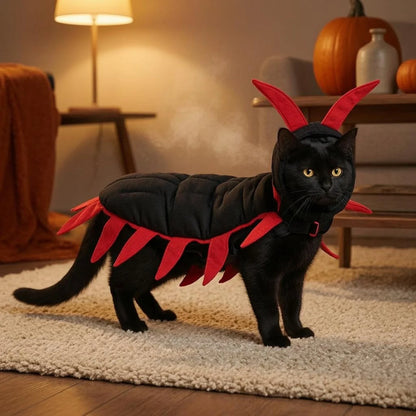 Centipede Cat Costume Polyester Padded Cat Costume Devil Cape Cloak Red Trim Pet Wear Quilted for Outdoor Dressing Up