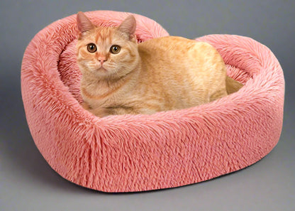 Cat Beds for Indoor Cats - Heart Cat Bed with Removable Washable Cushioned Pillow, Fits Cats up to 30 Lbs or Puppy Bed for Small Dogs, Faux Fur Self Warming Pet Bed Non-Slip Cat House, Pink
