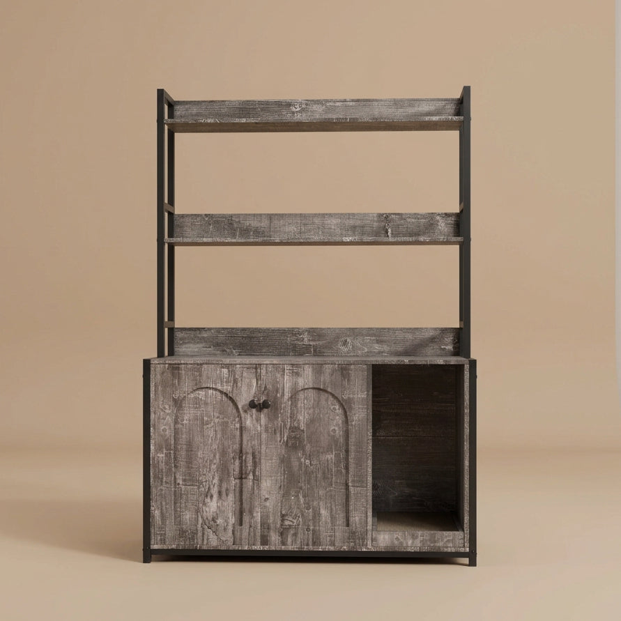 A tall gray wood-look hutch cabinet with open upper shelves and a lower cabinet compartment on a beige background