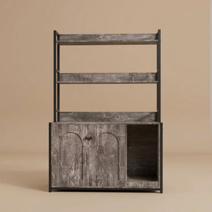 A tall gray wood-look hutch cabinet with open upper shelves and a lower cabinet compartment on a beige background