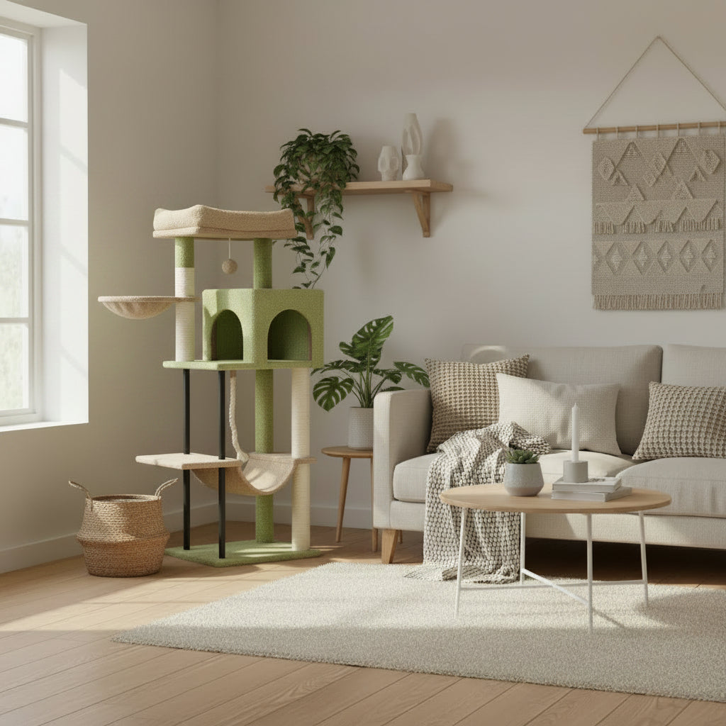 Cat tree with multiple levels next to a window in a living room setting.