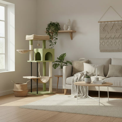 Cat tree with multiple levels next to a window in a living room setting.