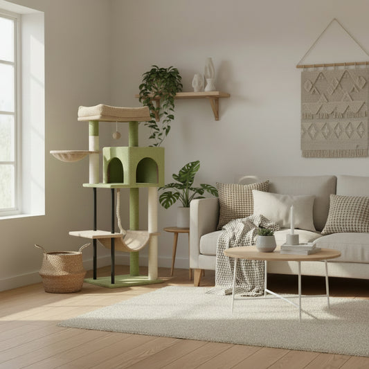 Cat tree with multiple levels next to a window in a living room setting.
