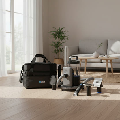 furMe vacuum cleaner set with black bag on the floor of living room