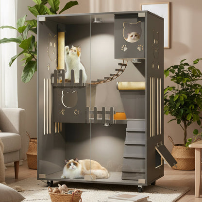 Desara Wooden Cat Villa, Large Cat Enclosure, Indoor Enclosed Cat House