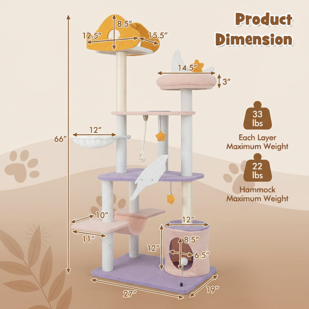 Cat tree with dimensions and weight capacity on a light beige and brown  background