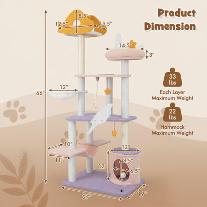 Cat tree with dimensions and weight capacity on a light beige and brown  background