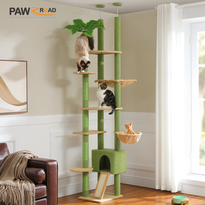 Cactus Cat Tree Floor to Ceiling Cat Tower Adjustable Height with Cat Condo Cozy Hammock and Scratching Post Tall Activity Tree