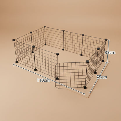 Black wire pet playpen with dimensions on a light brown background