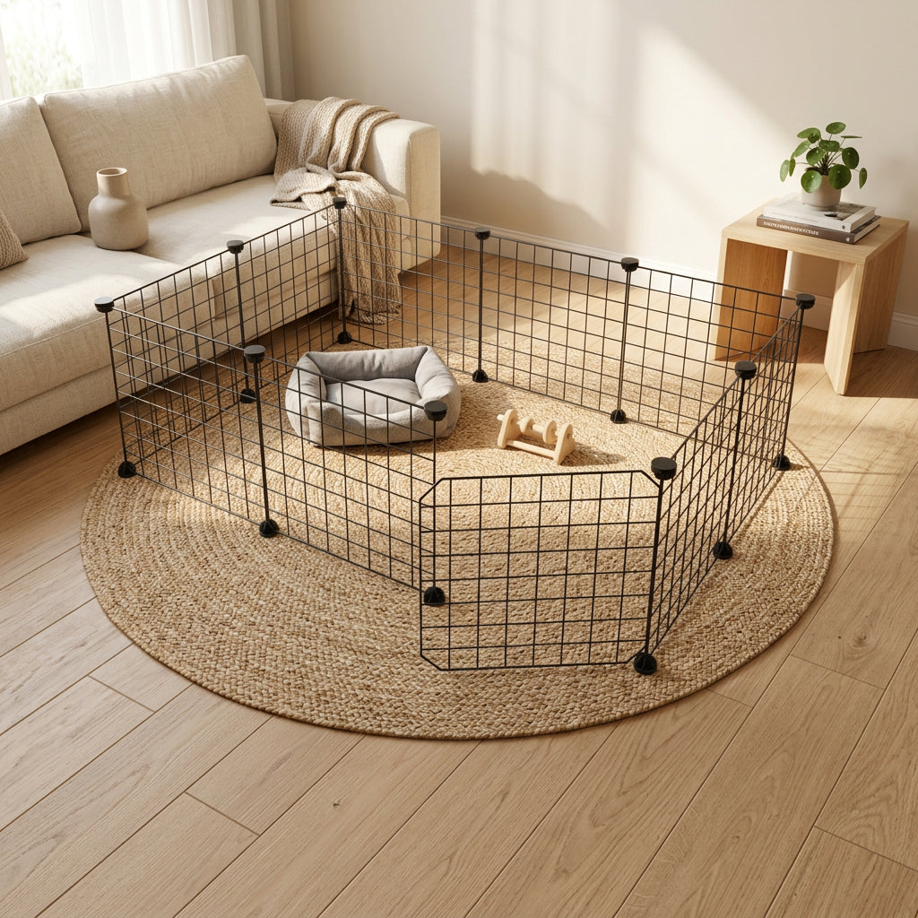 Metal Mesh pet enclosure or playpen on the floor of a living room