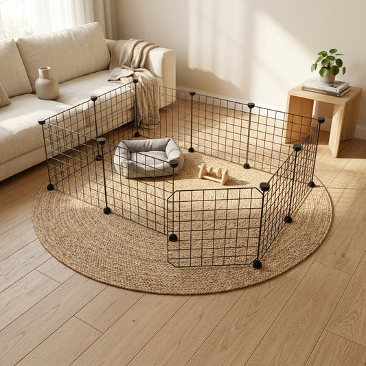 Metal Mesh pet enclosure or playpen on the floor of a living room