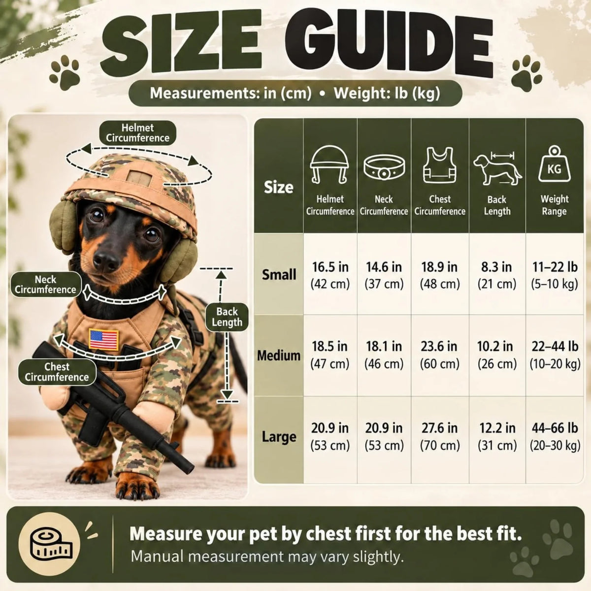 A size guide infographic for a dog costume helmet and vest, featuring a small dog in camouflage wearing the product. The left side shows labeled measurement callouts for helmet circumference, neck circumference, chest circumference, and back length.